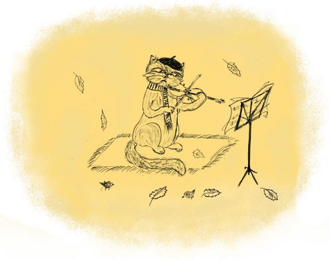 Cat playing violin at autumn - by Anastasia Enina